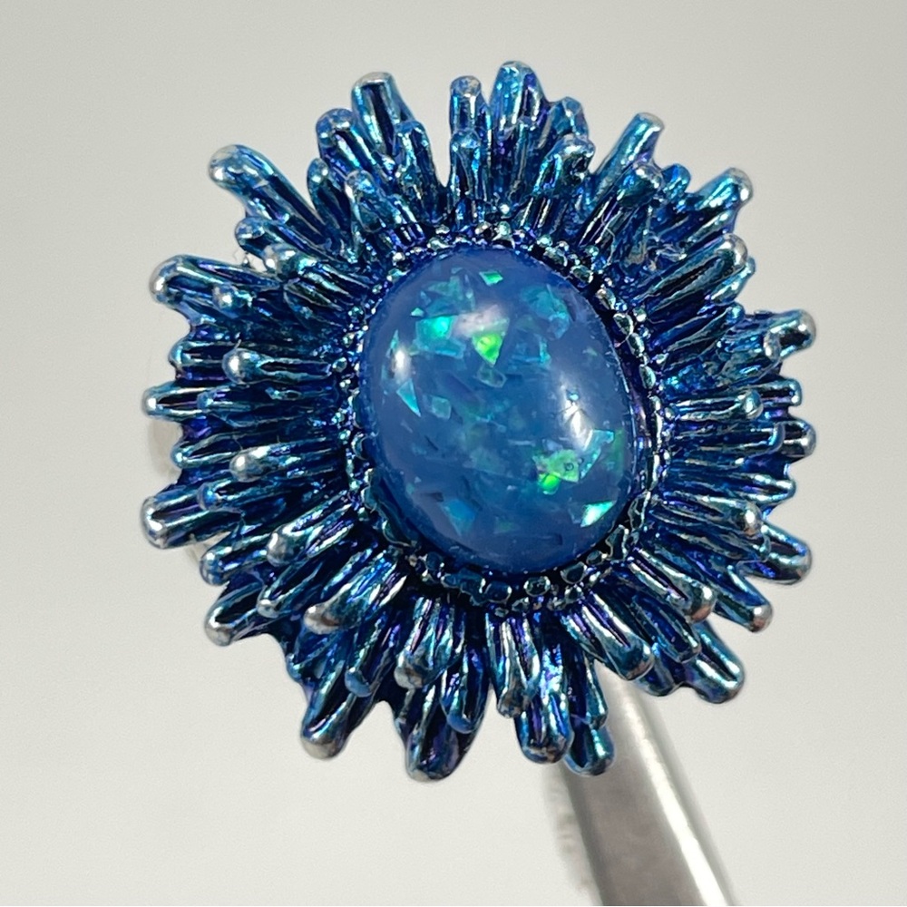 Rings Blue Flower Faux Opal Enamel Statement Women’s Silver Plated Boho Jewelry